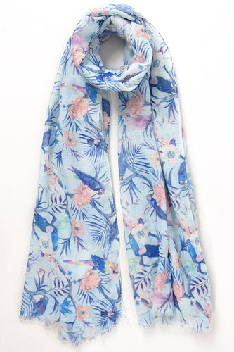 MSH - Colourful, Fun - lightweight blue colourful tropical bird scarf.
