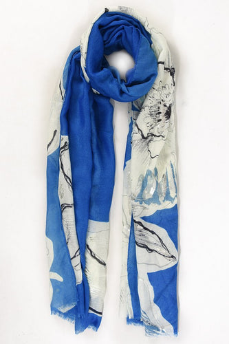 MSH -  Scarf -   Silver Embellishment, Blue, Orange, large Floral Print