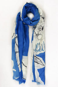 MSH -  Scarf -   Silver Embellishment, Blue, Orange, large Floral Print