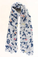Load image into Gallery viewer, MSH - Leopard print - white and navy blue pastel colour pop scarf.