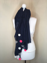 Load image into Gallery viewer, MSH – navy with pink multi pom-pom trimmed scarf