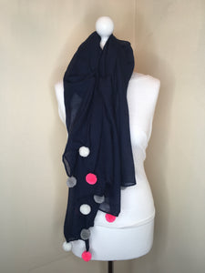 MSH – navy with pink multi pom-pom trimmed scarf