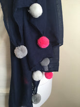 Load image into Gallery viewer, MSH – navy with pink multi pom-pom trimmed scarf