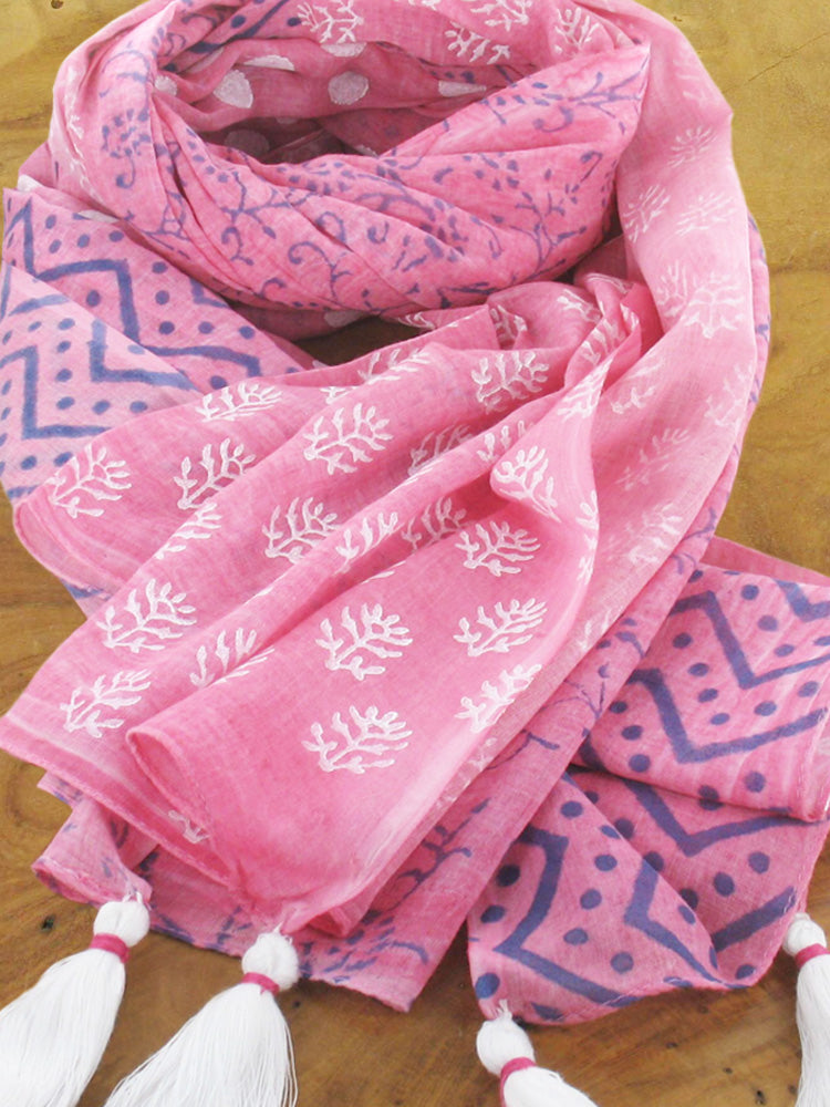SUZIE BLUE – BLOCK PRINTED PINK, PURPLE COTTON SCARF WITH FOUR QUARTER DESIGN WITH TASSEL TRIMMED EDGES