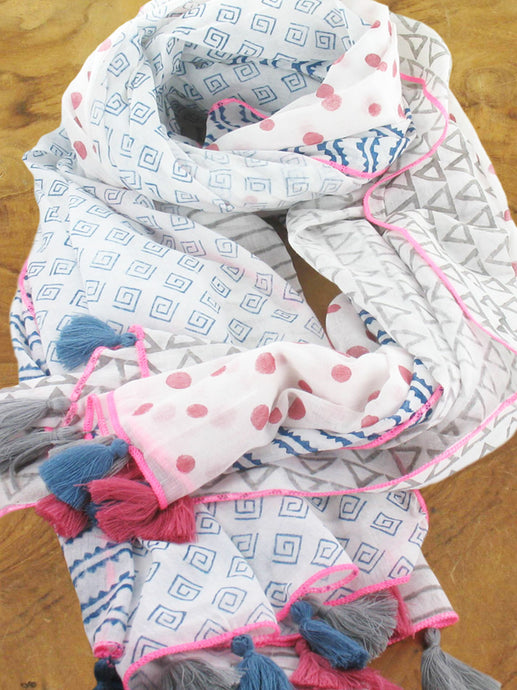 SUZIE BLUE – BLOCK PRINTED COTTON SCARF WITH MIXED MOTIF DESIGN WITH TASSEL TRIMMED EDGES