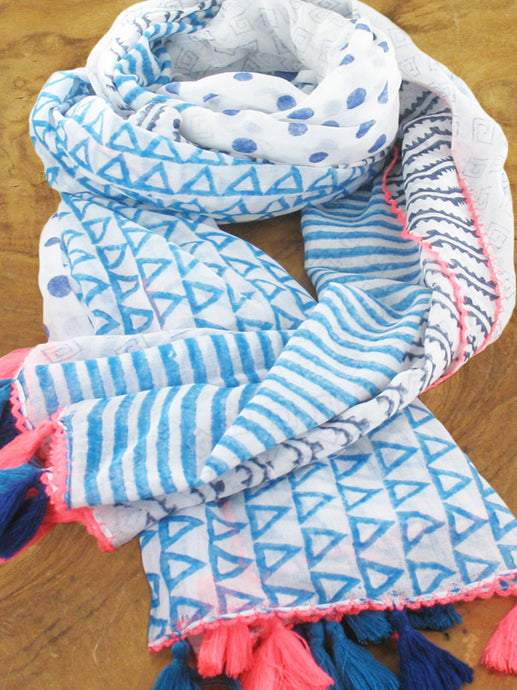 SUZIE BLUE – BLOCK PRINTED COTTON SCARF WITH MIXED MOTIF COLOURS DESIGNED WITH MULTI TASSEL TRIMMED EDGES COMES WITH FREE GIFT BAG