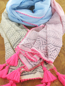 SUZIE BLUE – BLOCK PRINTED COTTON SCARF WITH MIXED OMBRE COLOURS DESIGNED WITH MULTI TASSEL TRIMMED EDGES