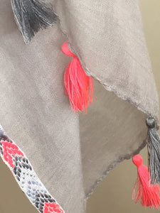 MSH - grey pink arrow trim scarf with pink and grey tassel detailing