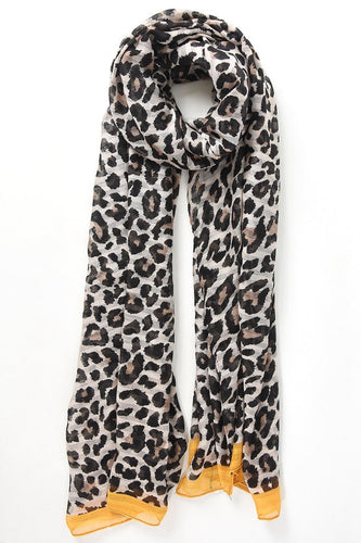MSH - Animal print - Grey coloured, lightweight with Mustard Border, Leopard print scarf
