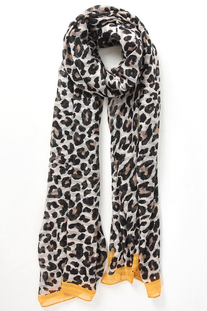 MSH - Animal print - Grey coloured, lightweight with Mustard Border, Leopard print scarf